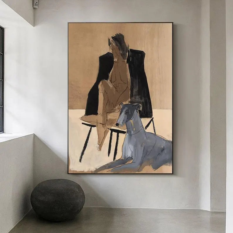 Large Contemporary Abstract Figure Wall Art – Modern Man with Dog Canvas Painting for Living Room