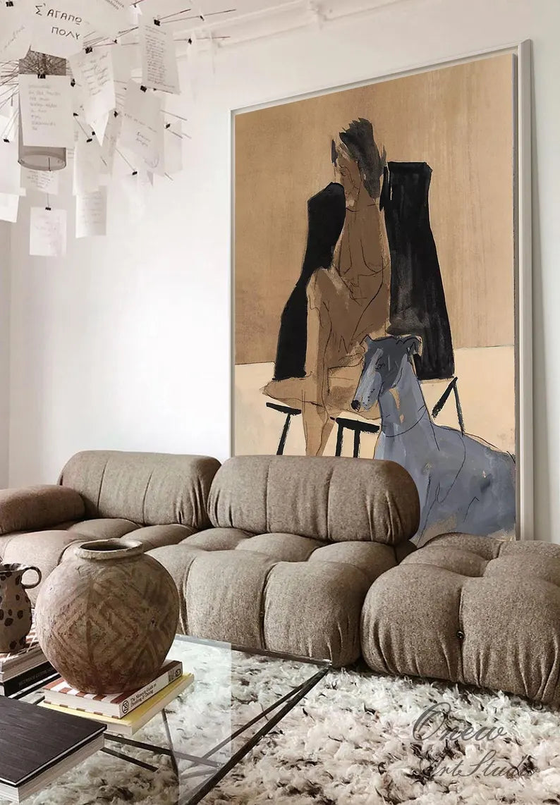 Large Contemporary Abstract Figure Wall Art – Modern Man with Dog Canvas Painting for Living Room