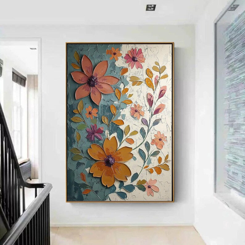 Large Colorful Floral Wall Art – Modern Botanical Canvas Painting for Living Room or Entryway Decor