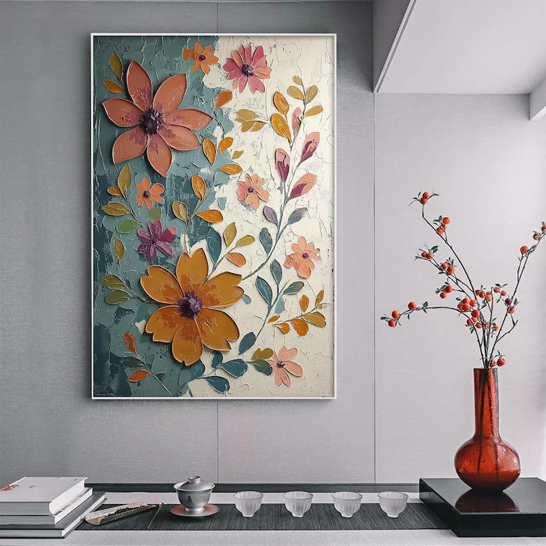 Large Colorful Floral Wall Art – Modern Botanical Canvas Painting for Living Room or Entryway Decor