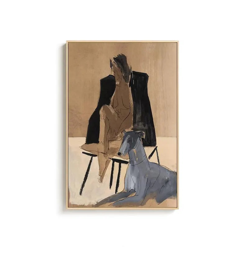 Large Contemporary Abstract Figure Wall Art – Modern Man with Dog Canvas Painting for Living Room