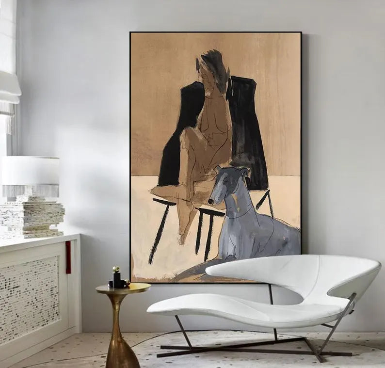 Large Contemporary Abstract Figure Wall Art – Modern Man with Dog Canvas Painting for Living Room