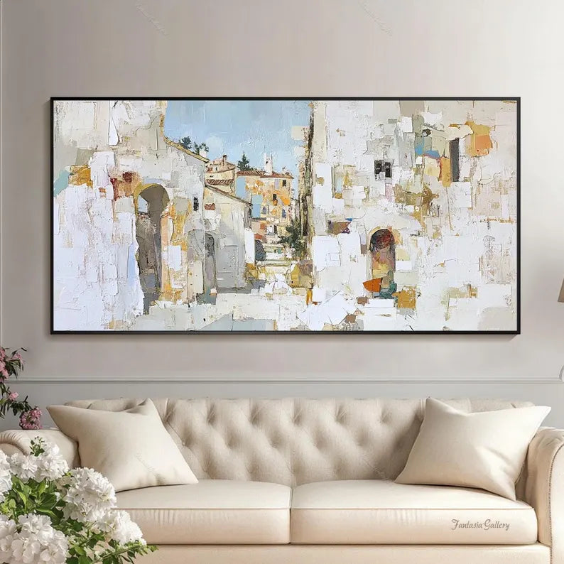 Large Mediterranean Village Wall Art – Modern Abstract European Street Canvas Painting for Living Room Decor