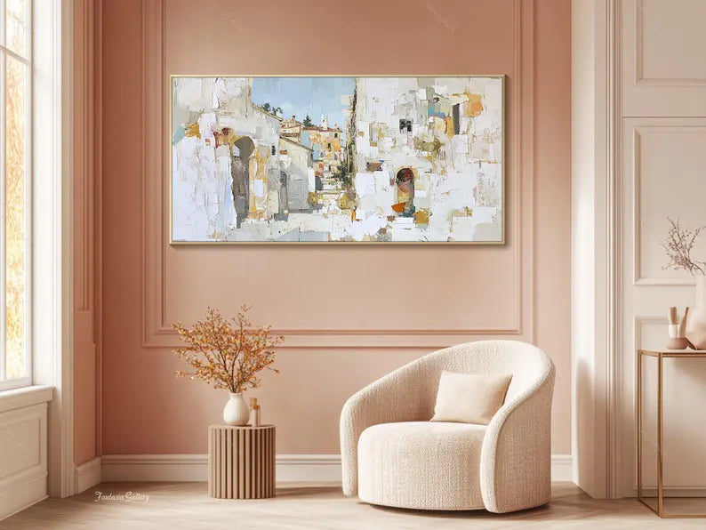 Large Mediterranean Village Wall Art – Modern Abstract European Street Canvas Painting for Living Room Decor