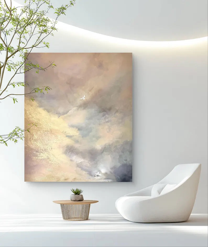 Large Neutral Abstract Cloudscape Wall Art – Modern Beige Textured Canvas Painting for Living Room Decor
