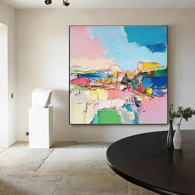 Colorful Abstract Landscape Wall Art – Modern Pastel Canvas Painting for Contemporary Living Room Decor