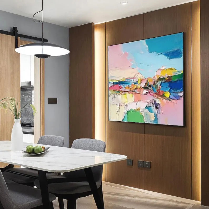 Colorful Abstract Landscape Wall Art – Modern Pastel Canvas Painting for Contemporary Living Room Decor