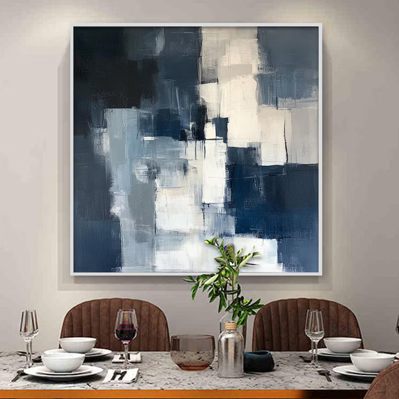 Large Blue and White Abstract Wall Art – Modern Geometric Canvas Painting for Contemporary Living Room Decor