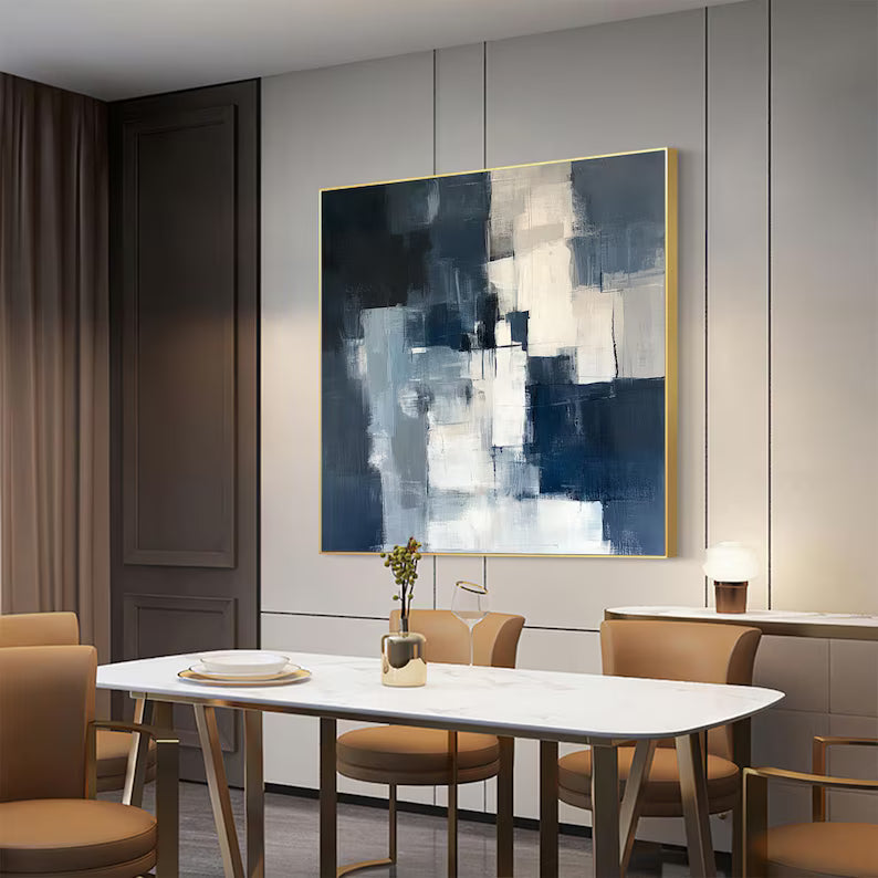 Large Blue and White Abstract Wall Art – Modern Geometric Canvas Painting for Contemporary Living Room Decor