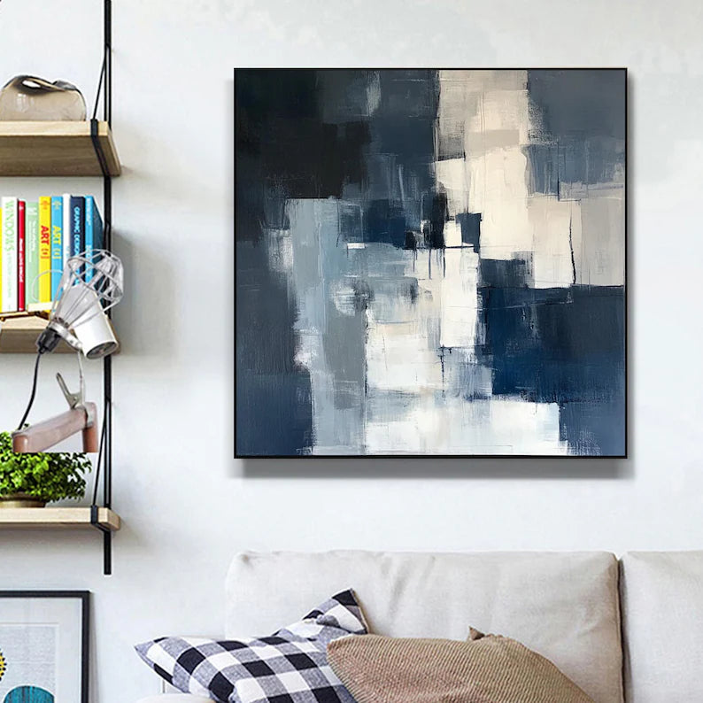 Large Blue and White Abstract Wall Art – Modern Geometric Canvas Painting for Contemporary Living Room Decor