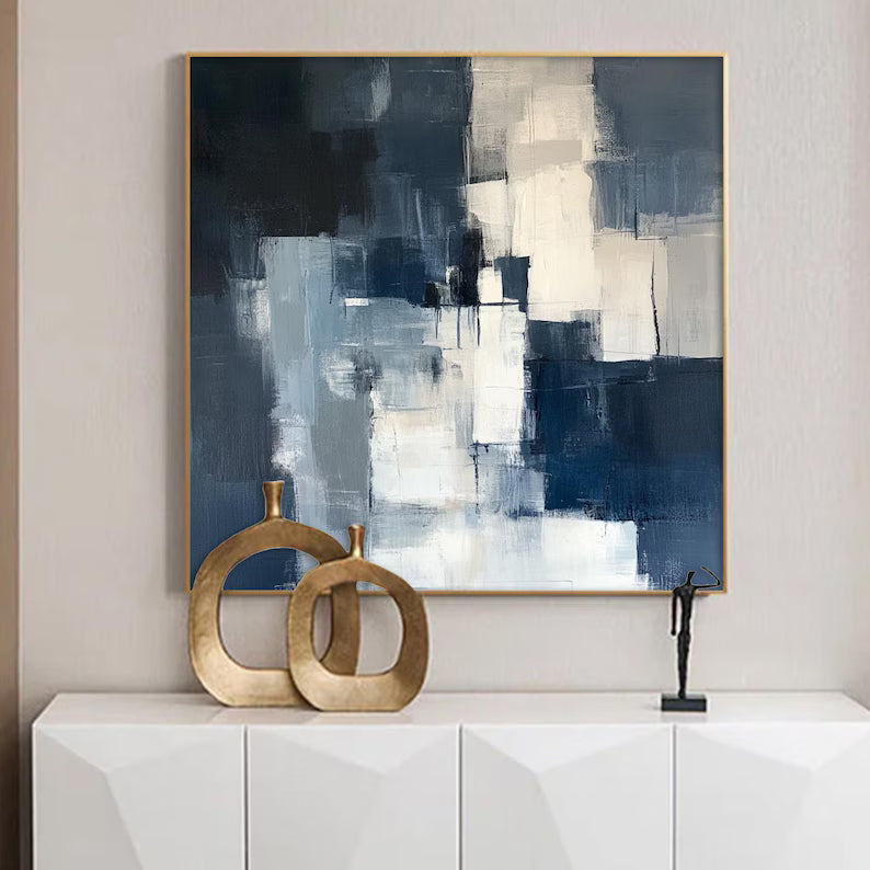 Large Blue and White Abstract Wall Art – Modern Geometric Canvas Painting for Contemporary Living Room Decor