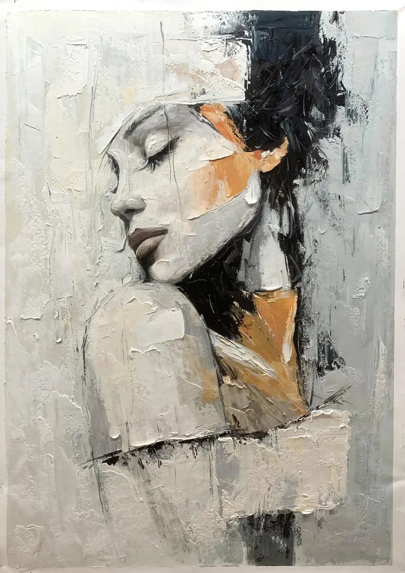 Textured Abstract Woman Portrait Wall Art – Modern Figurative Canvas Painting for Contemporary Living Room Decor