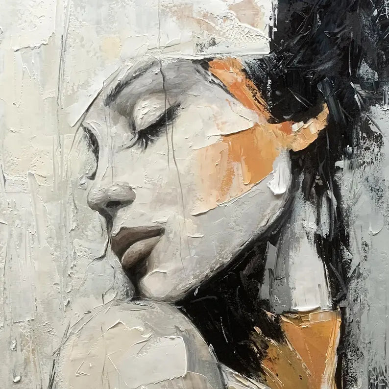 Textured Abstract Woman Portrait Wall Art – Modern Figurative Canvas Painting for Contemporary Living Room Decor