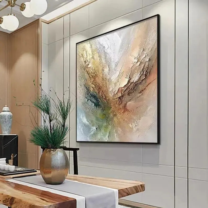 Large Neutral Abstract Explosion Wall Art – Modern Textured Canvas Painting for Living Room Decor