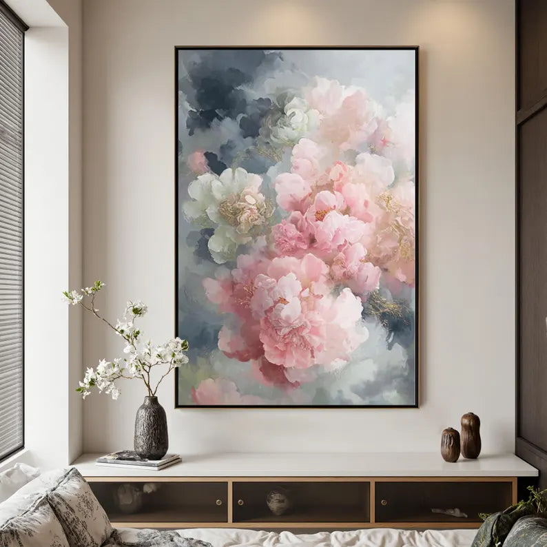 Large Pink Peony Floral Wall Art – Elegant Botanical Canvas Painting for Living Room