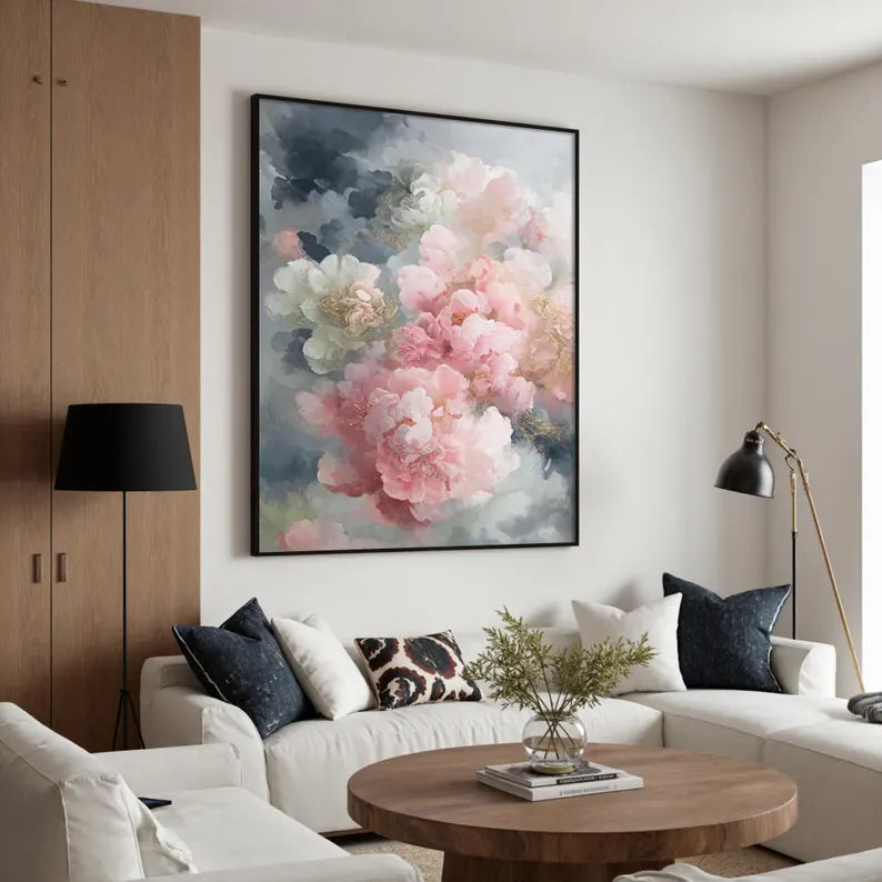 Large Pink Peony Floral Wall Art – Elegant Botanical Canvas Painting for Living Room