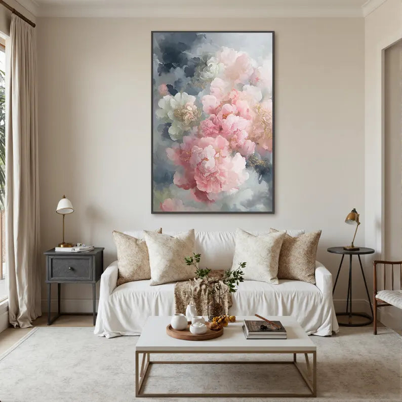 Large Pink Peony Floral Wall Art – Elegant Botanical Canvas Painting for Living Room
