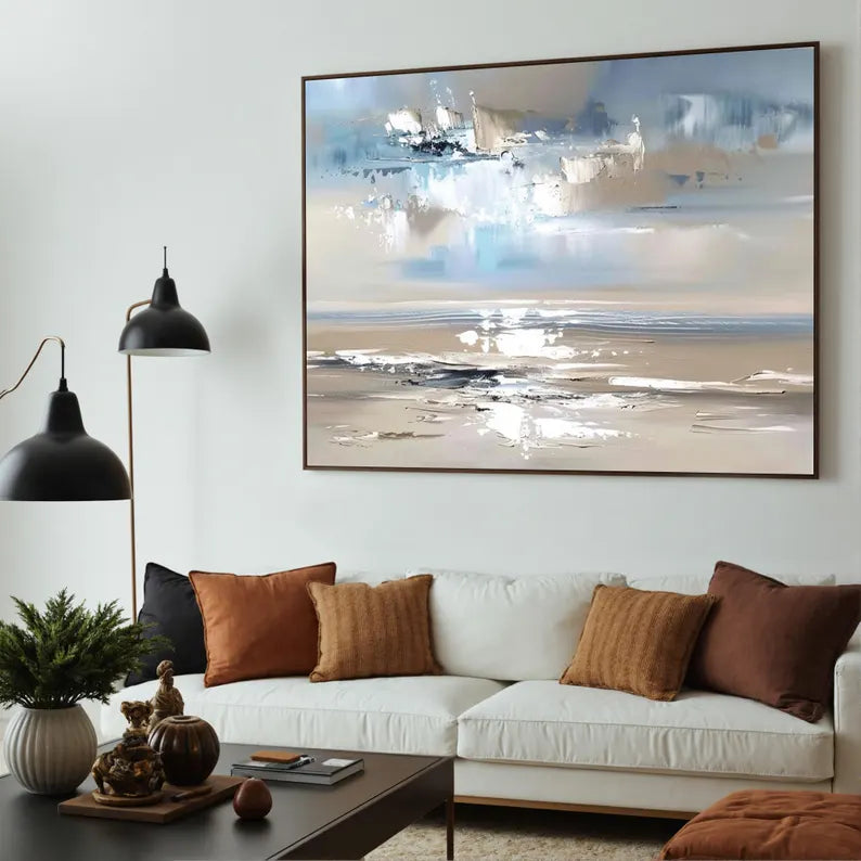 Abstract Coastal Seascape Wall Art – Modern Ocean Landscape Painting for Living Room Decor