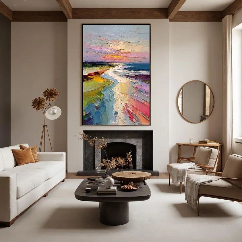 Colorful Abstract Coastal Landscape Wall Art – Modern Palette Knife Oil Painting Decor