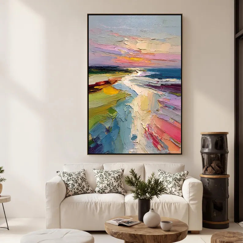 Colorful Abstract Coastal Landscape Wall Art – Modern Palette Knife Oil Painting Decor