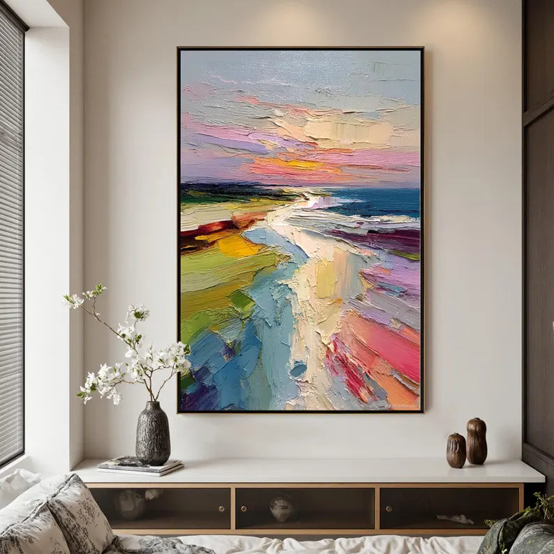 Colorful Abstract Coastal Landscape Wall Art – Modern Palette Knife Oil Painting Decor