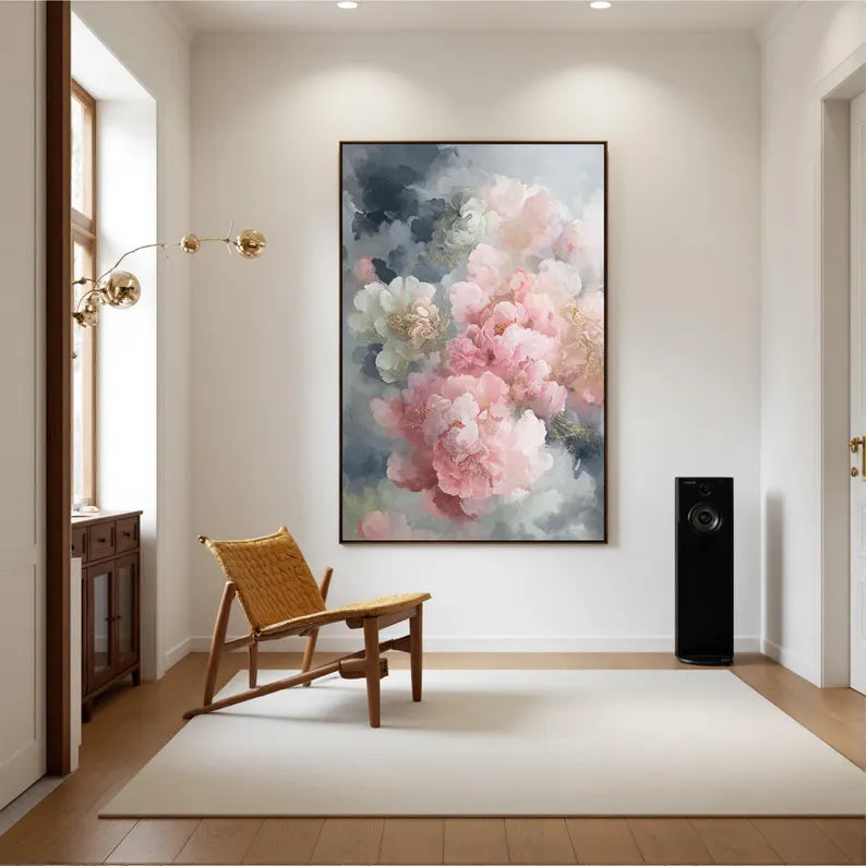 Large Pink Peony Floral Wall Art – Elegant Botanical Canvas Painting for Living Room