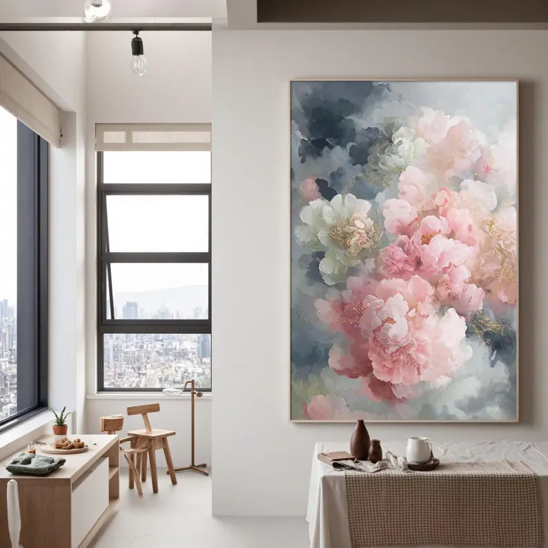 Large Pink Peony Floral Wall Art – Elegant Botanical Canvas Painting for Living Room