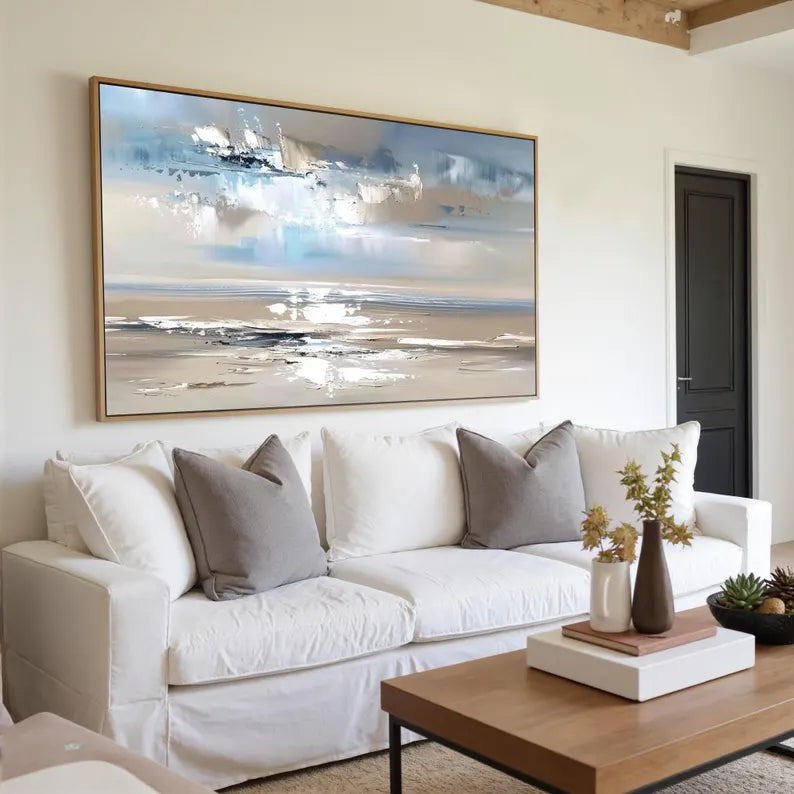 Abstract Coastal Seascape Wall Art – Modern Ocean Landscape Painting for Living Room Decor
