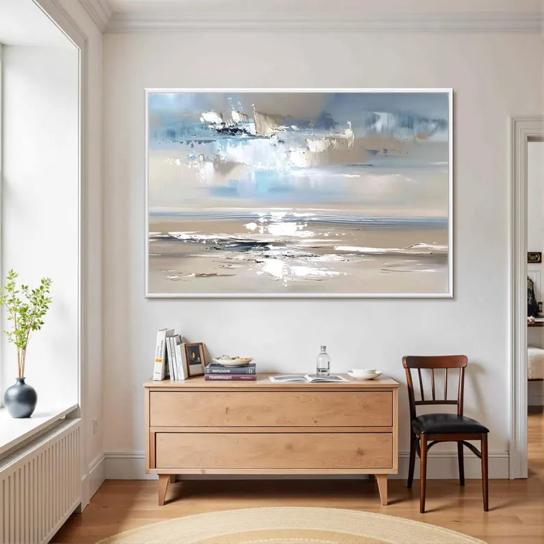 Abstract Coastal Seascape Wall Art – Modern Ocean Landscape Painting for Living Room Decor