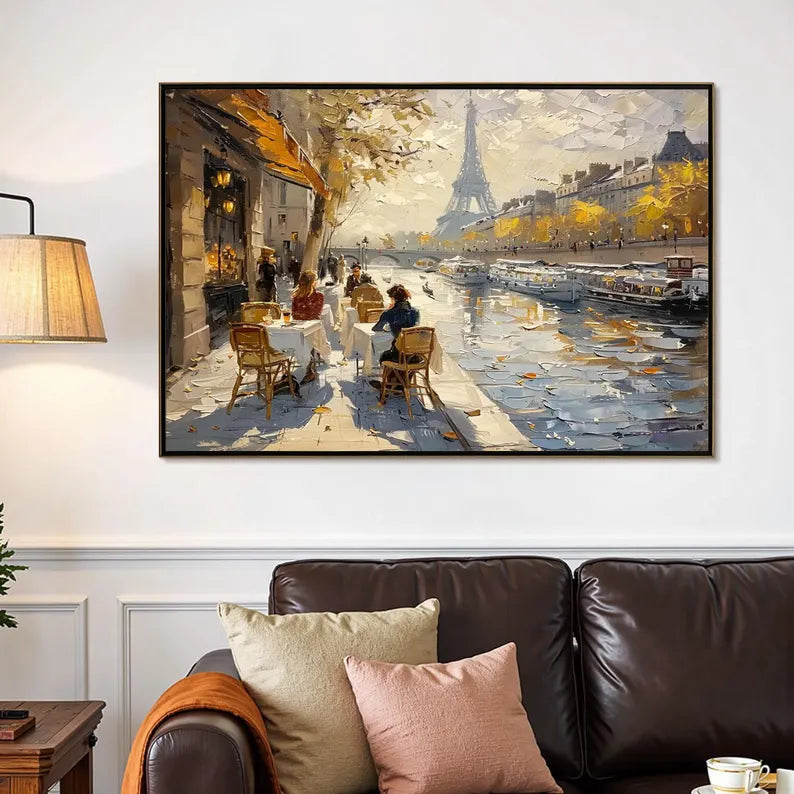 Paris Eiffel Tower Street Scene Wall Art – Impressionist Seine Riverside Cafe Canvas Painting for Living Room Decor