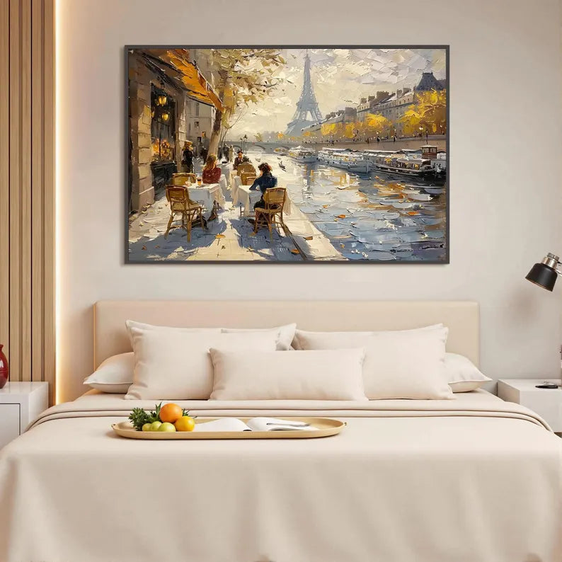 Paris Eiffel Tower Street Scene Wall Art – Impressionist Seine Riverside Cafe Canvas Painting for Living Room Decor