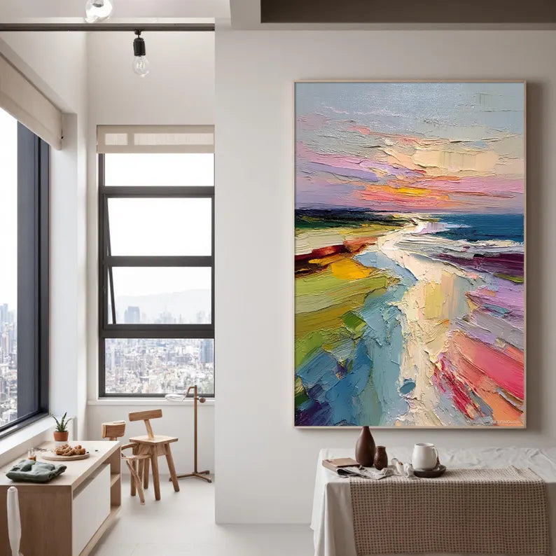 Colorful Abstract Coastal Landscape Wall Art – Modern Palette Knife Oil Painting Decor