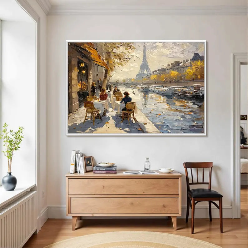 Paris Eiffel Tower Street Scene Wall Art – Impressionist Seine Riverside Cafe Canvas Painting for Living Room Decor