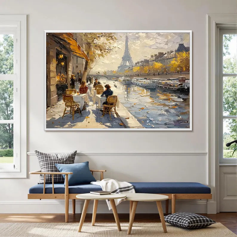 Paris Eiffel Tower Street Scene Wall Art – Impressionist Seine Riverside Cafe Canvas Painting for Living Room Decor