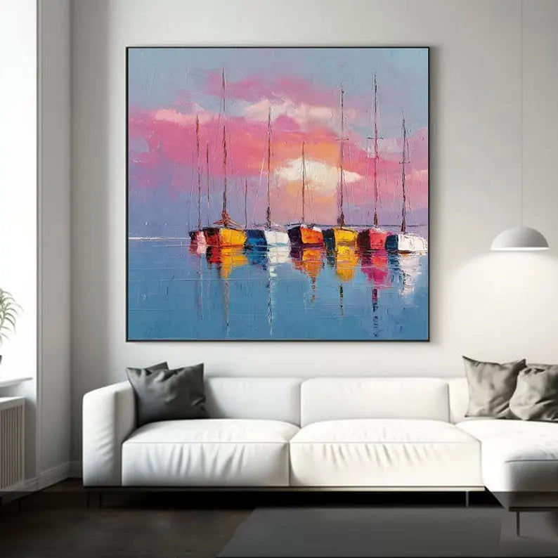 Colorful Sunset Sailboat Wall Art – Modern Coastal Seascape Canvas Painting for Living Room Decor