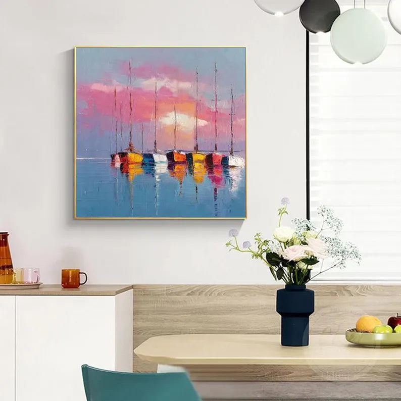 Colorful Sunset Sailboat Wall Art – Modern Coastal Seascape Canvas Painting for Living Room Decor