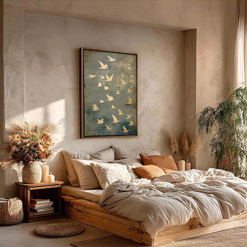 Large Gold Flying Birds Wall Art – Modern Abstract Nature Canvas for Living Room