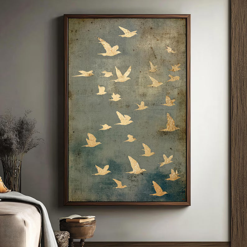 Large Gold Flying Birds Wall Art – Modern Abstract Nature Canvas for Living Room