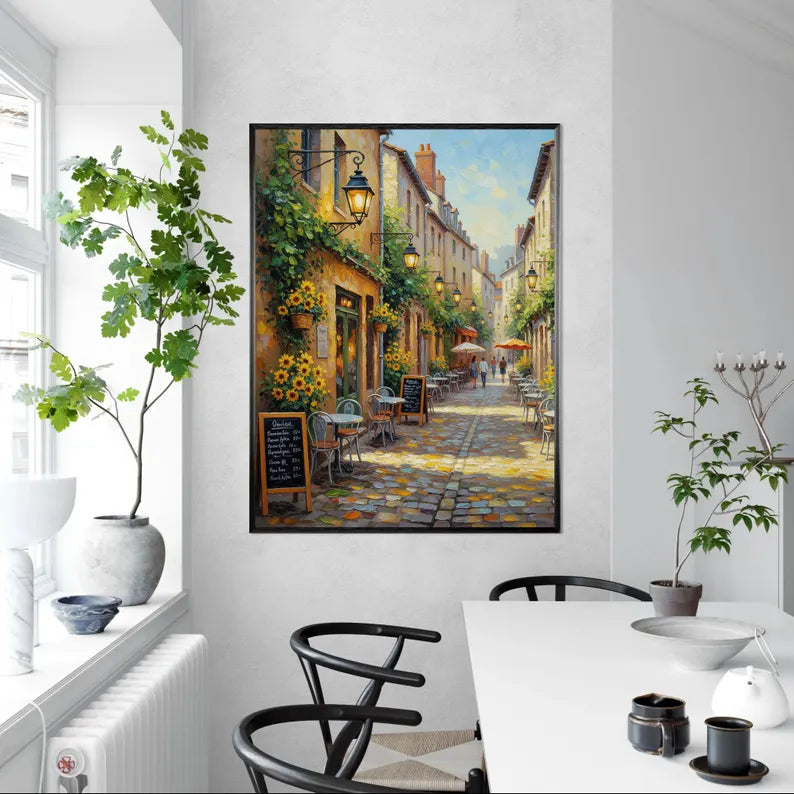 Charming European Cafe Street Wall Art – Colorful Parisian Alley Canvas Painting for Living Room Decor