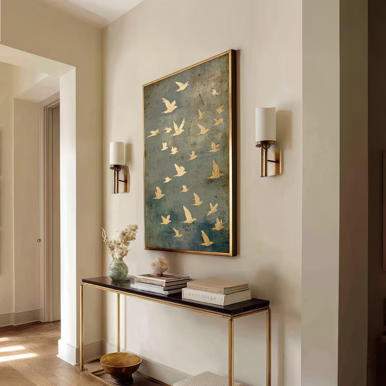 Large Gold Flying Birds Wall Art – Modern Abstract Nature Canvas for Living Room