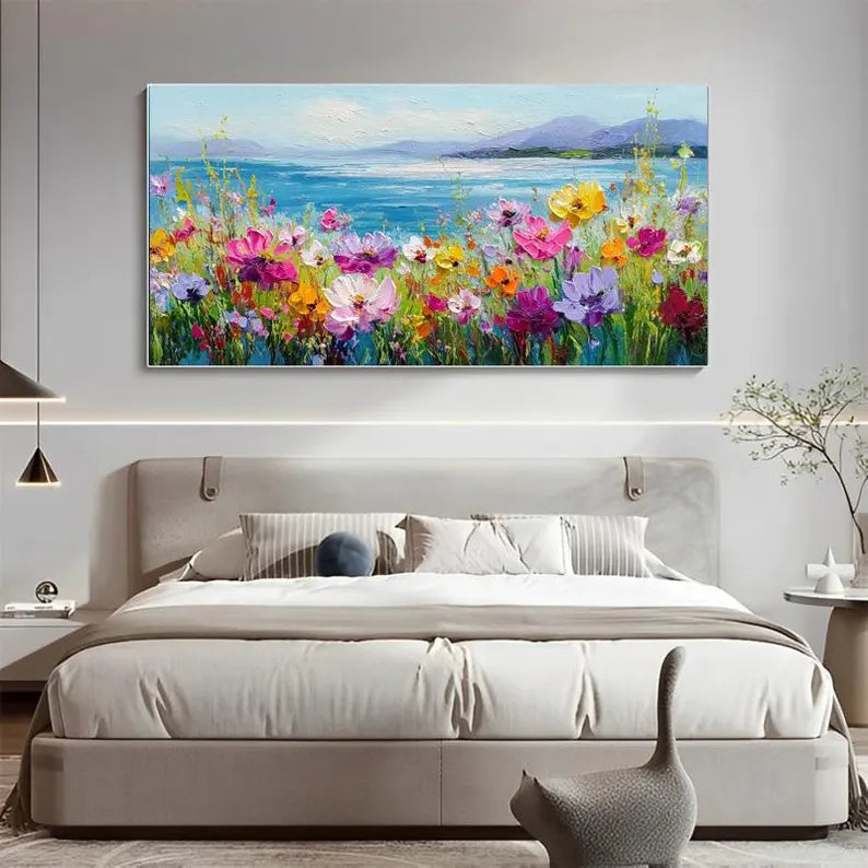 Colorful Wildflower Coastal Landscape Wall Art – Textured Palette Knife Oil Painting for Bedroom Decor