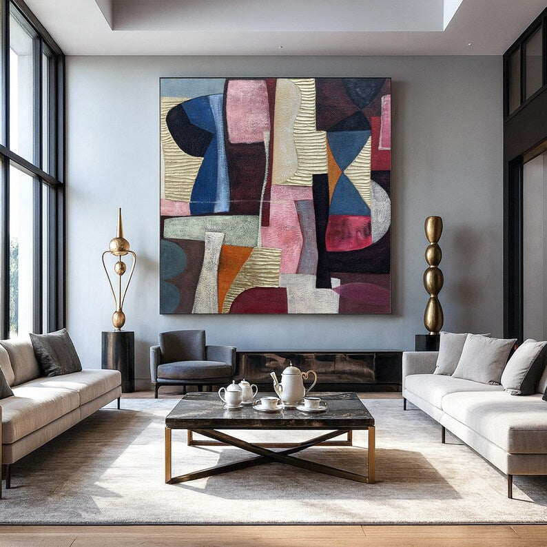 Large Mid-Century Abstract Geometric Wall Art – Modern Color Block Canvas Painting for Living Room Decor
