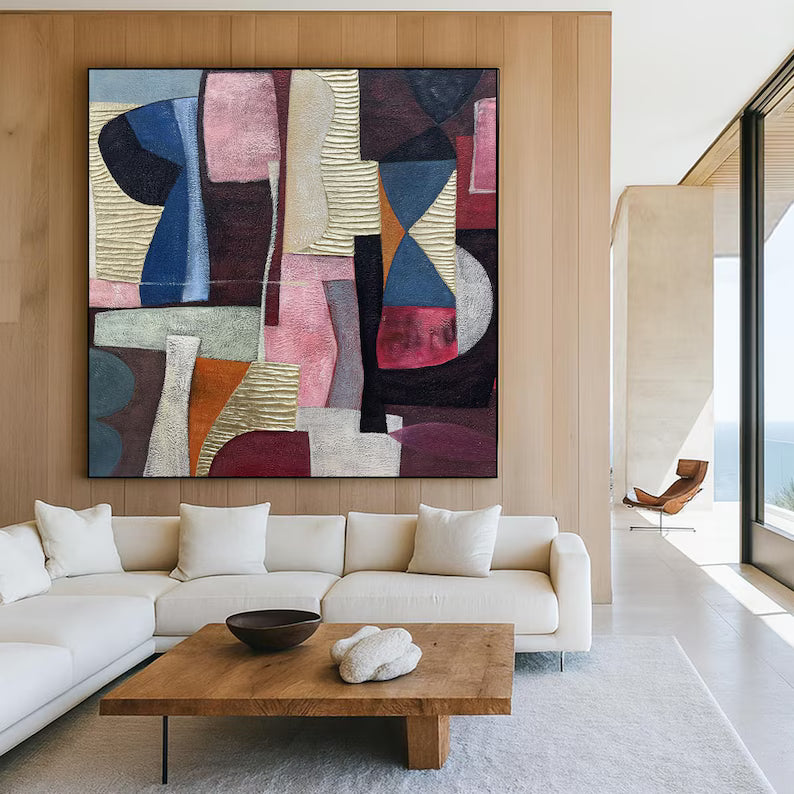 Large Mid-Century Abstract Geometric Wall Art – Modern Color Block Canvas Painting for Living Room Decor