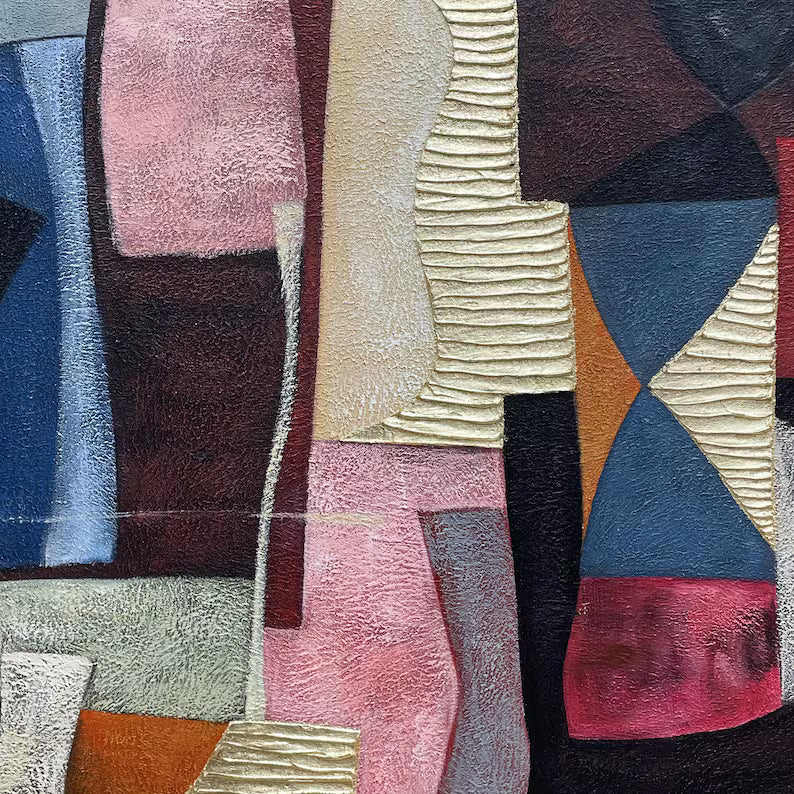 Large Mid-Century Abstract Geometric Wall Art – Modern Color Block Canvas Painting for Living Room Decor