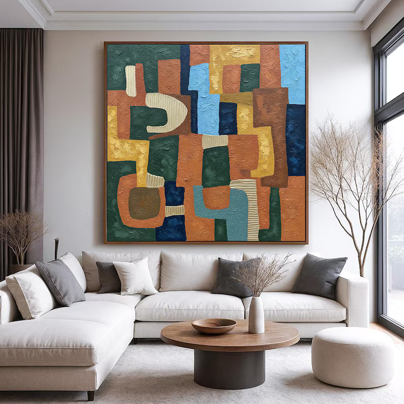Mid-Century Geometric Abstract Wall Art – Colorful Textured Modern Canvas Painting for Living Room Decor
