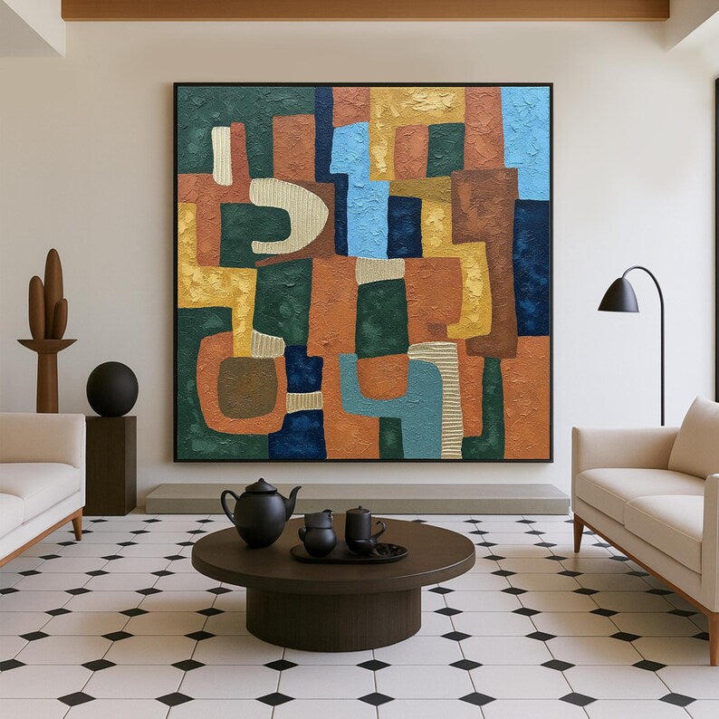 Mid-Century Geometric Abstract Wall Art – Colorful Textured Modern Canvas Painting for Living Room Decor
