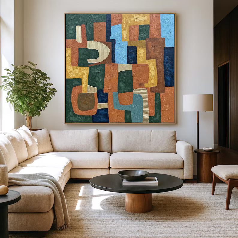 Mid-Century Geometric Abstract Wall Art – Colorful Textured Modern Canvas Painting for Living Room Decor