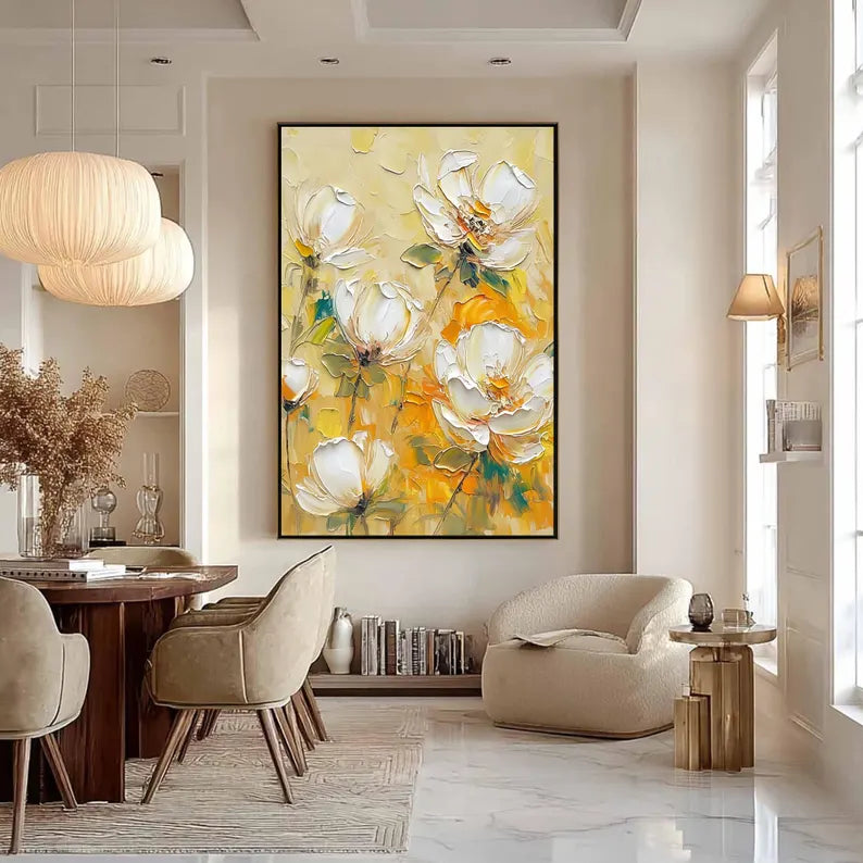 Large Yellow Floral Wall Art – Modern White Flower Canvas Painting for Living Room
