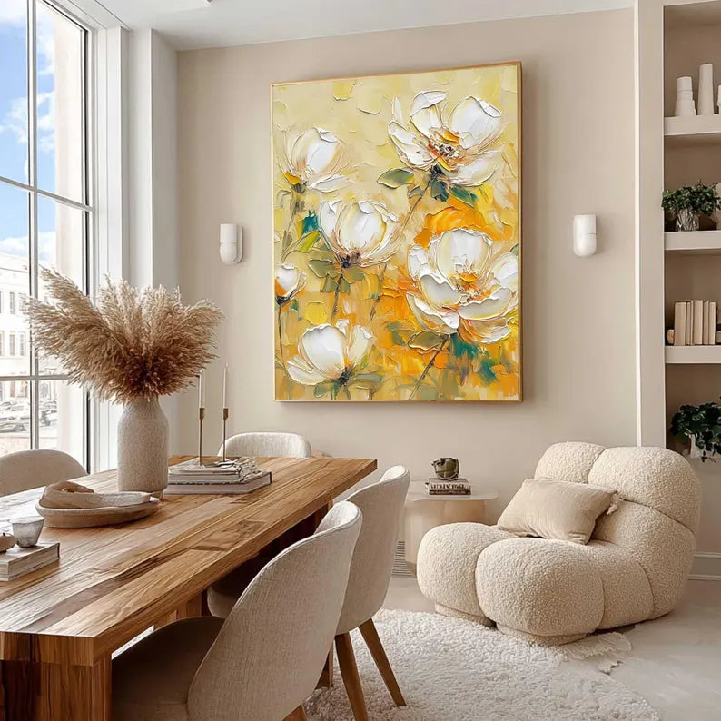 Large Yellow Floral Wall Art – Modern White Flower Canvas Painting for Living Room