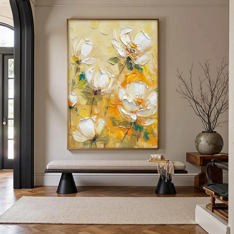 Large Yellow Floral Wall Art – Modern White Flower Canvas Painting for Living Room